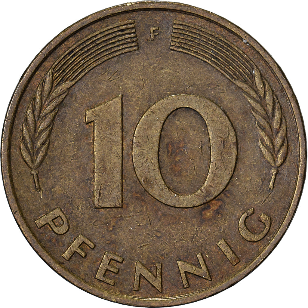 République fédérale d'Allemagne, 10 Pfennig, 1977, Stuttgart, Brass Clad
