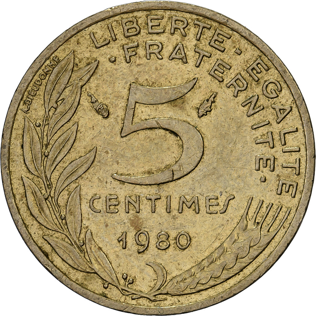 França, 5 Centimes, Marianne, 1980, Paris, Alumínio-Bronze, AU(50-53), Le