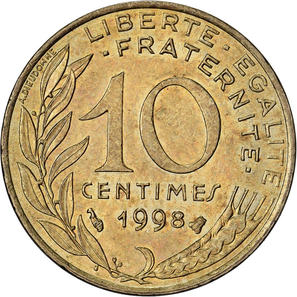 França, 10 Centimes, Marianne, 1998, Paris, Alumínio-Bronze, VF(30-35), Le