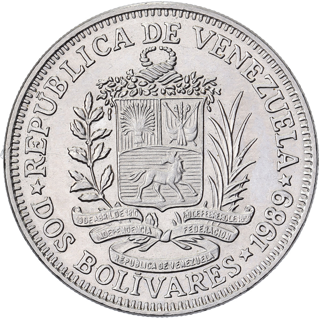 Venezuela, 2 Bolivares, 1989, Nickel, ZF+, Gadoury:175, KM:933