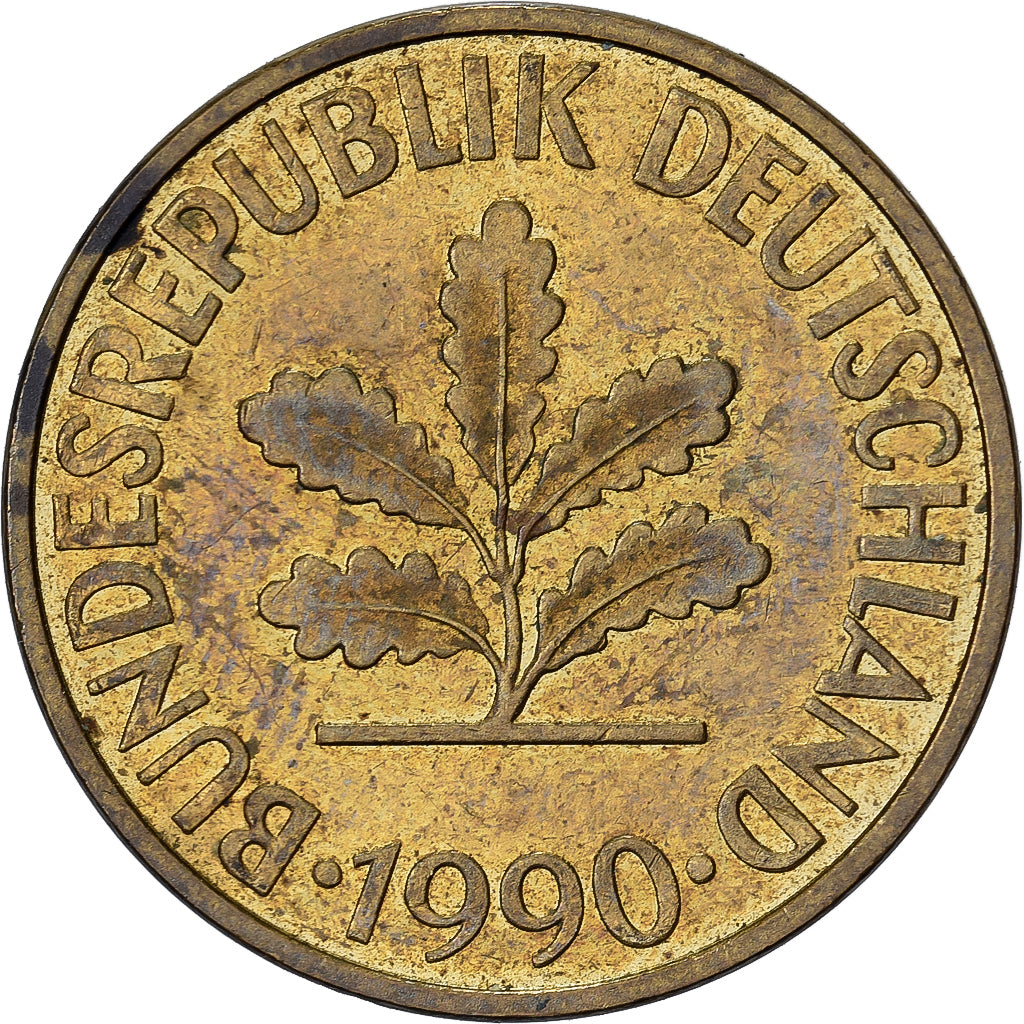 Federale Duitse Republiek, 10 Pfennig, 1990, Hambourg, Brass Clad Steel, ZF+