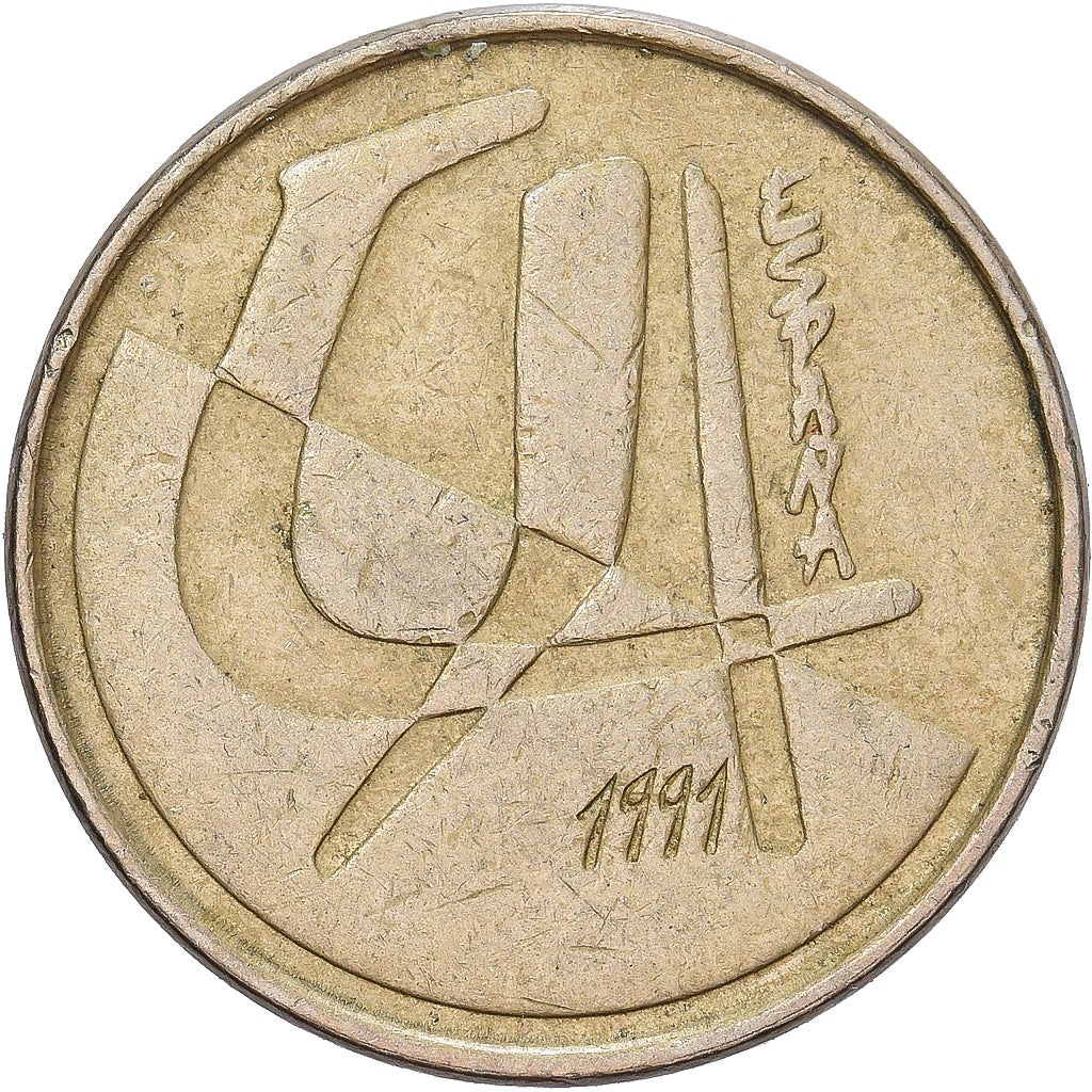 España, Juan Carlos I, 5 Pesetas, 1991, Madrid, Aluminio - bronce, BC+, KM:833