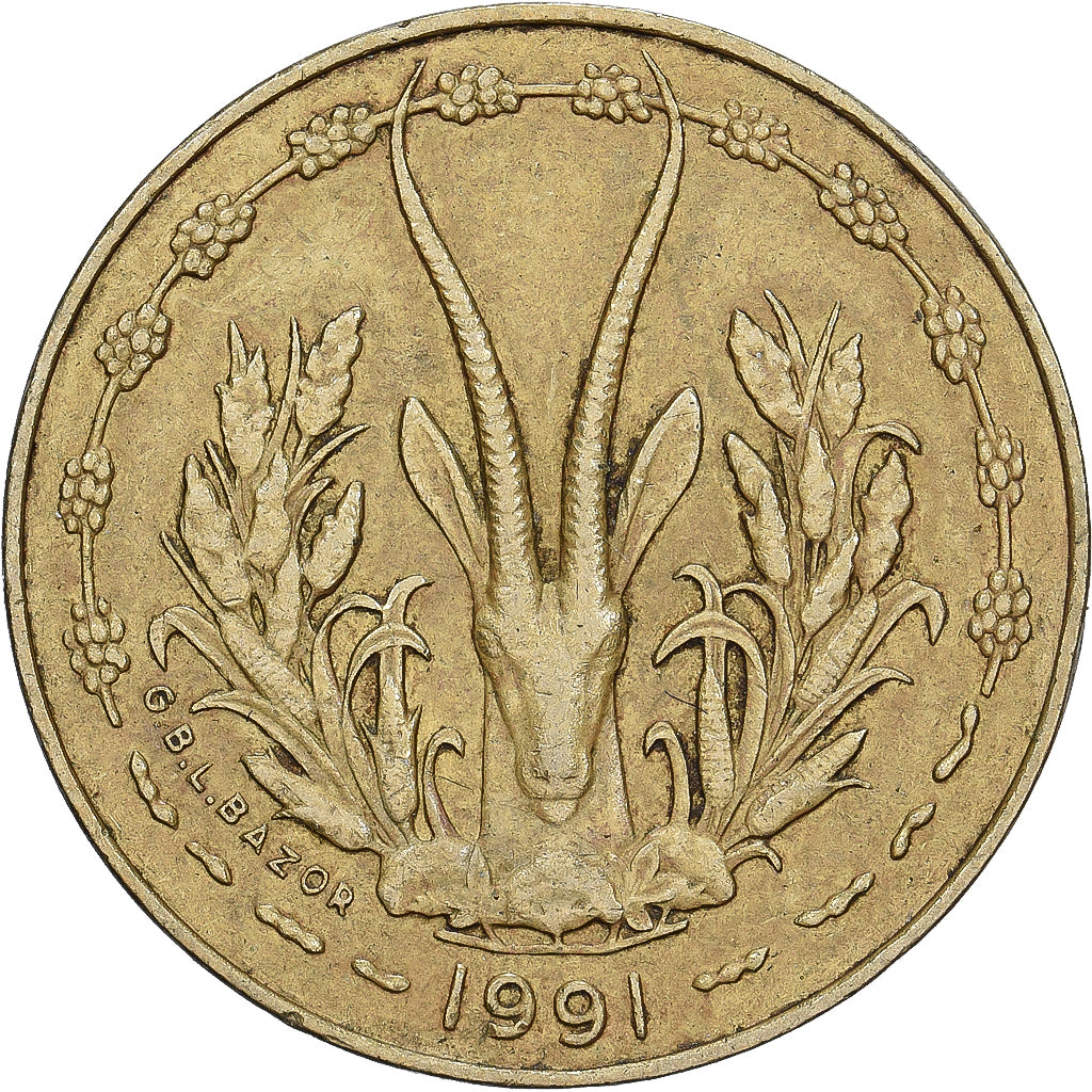 Estados del África Occidental, 5 Francs, 1991, Aluminio - níquel - bronce