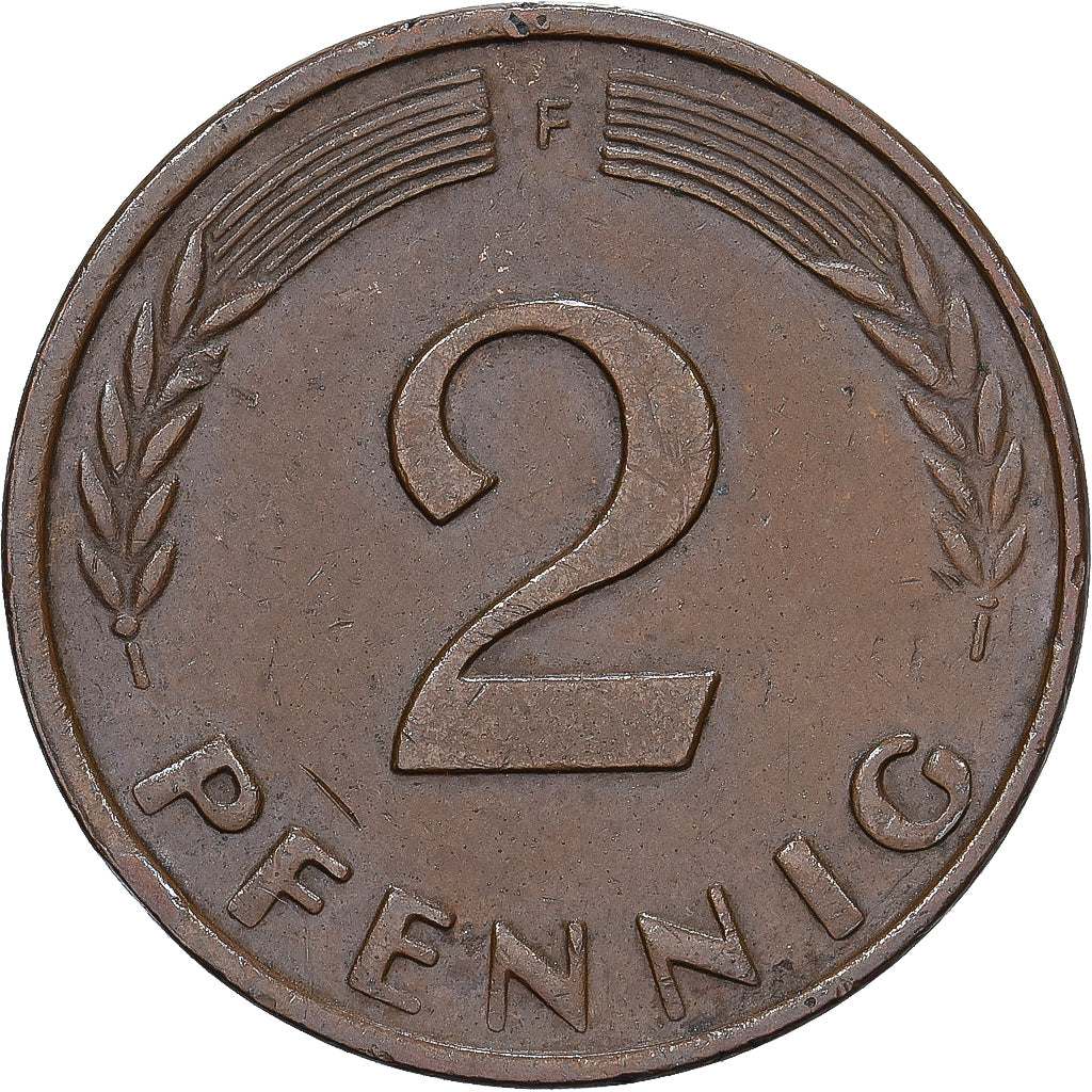 Niemcy - RFN, 2 Pfennig, 1962, Stuttgart, Brązowy, EF(40-45), KM:106