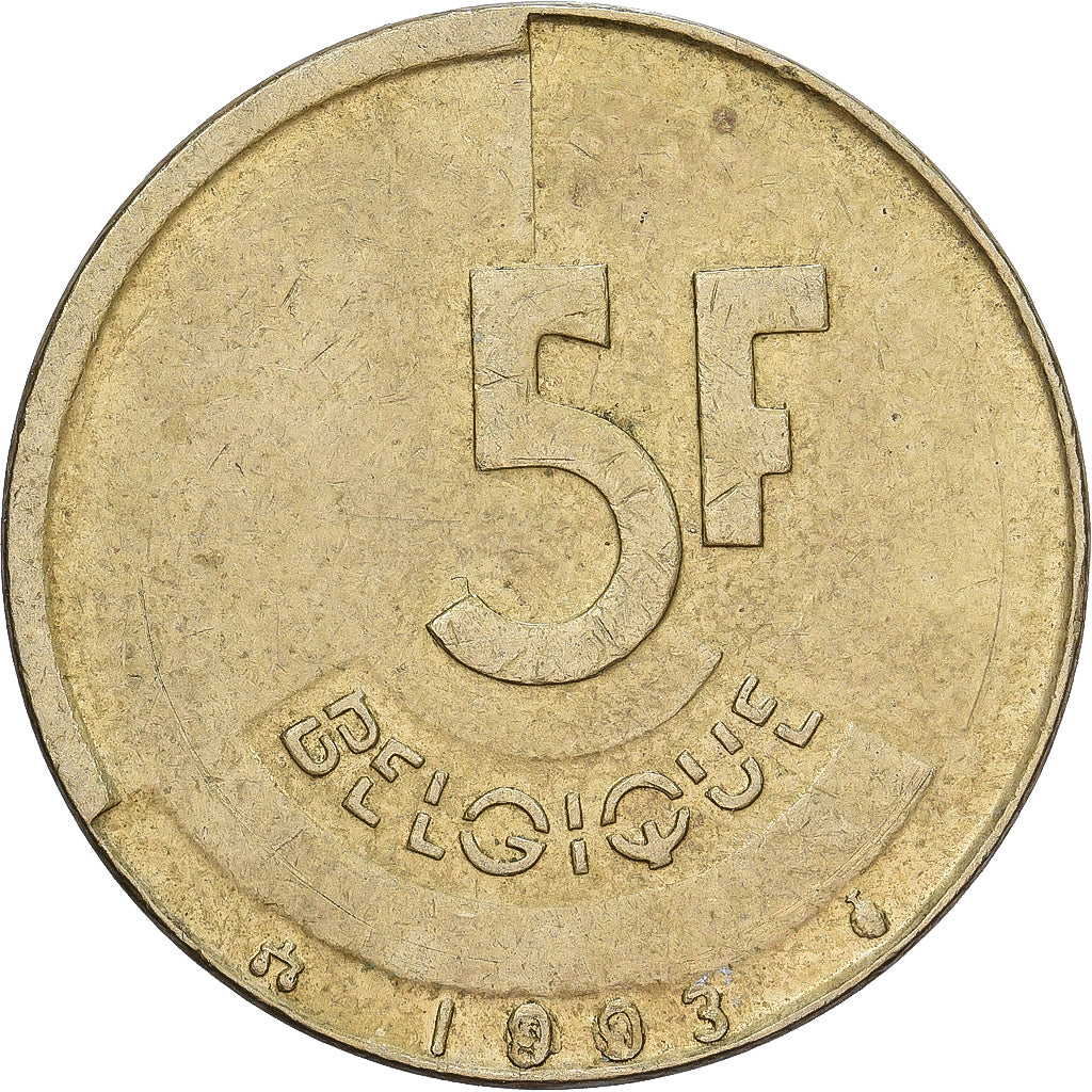 Belgio, 5 Francs, 5 Frank, 1993, Ottone o alluminio-bronzo, BB, KM:163