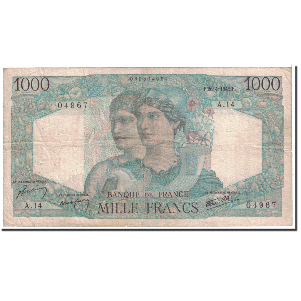 Francia, 1000 Francs, 1945, 1945-04-26, MB, Fayette:41.2, KM:130a