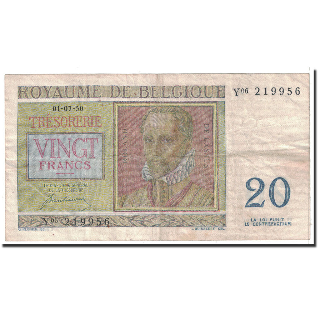 Banknot, Belgia, 20 Francs, 1950, 1950-07-01, KM:132a, VF(30-35)