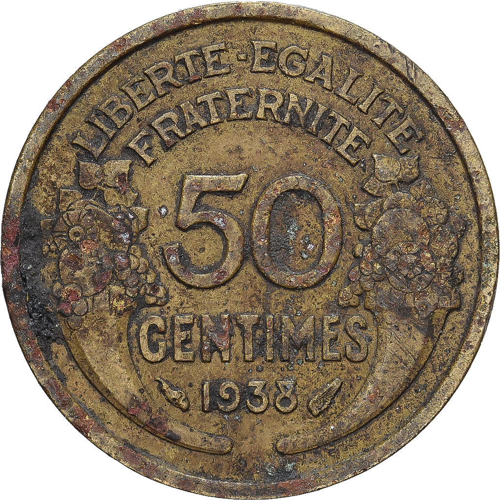 France, 50 Centimes, Morlon, 1938, Paris, Aluminum-Bronze, VF(20-25)