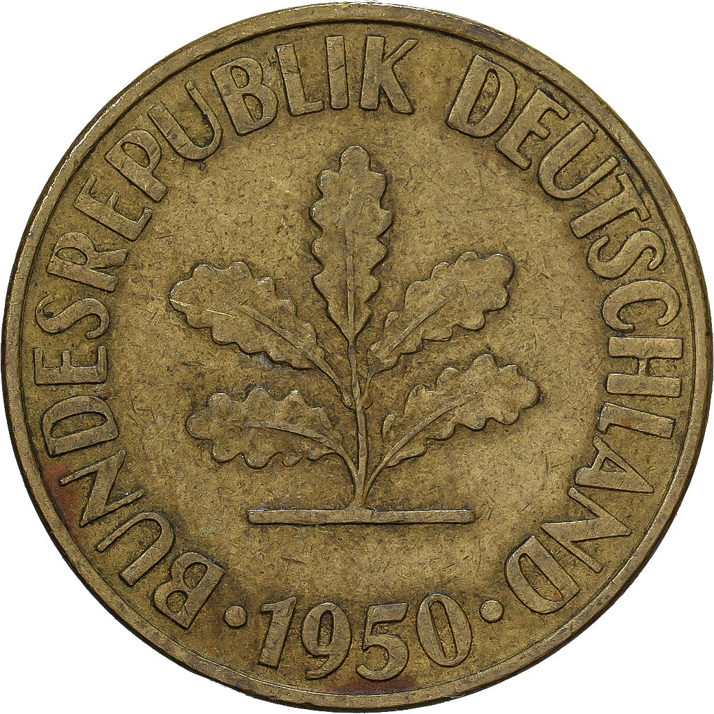 ALEMANHA - REPÚBLICA FEDERAL, 10 Pfennig, 1950, Karlsruhe, Aço Revestido a