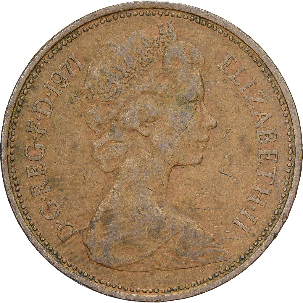 Gran Bretagna, Elizabeth II, 2 New Pence, 1971, Bronzo, BB, KM:916