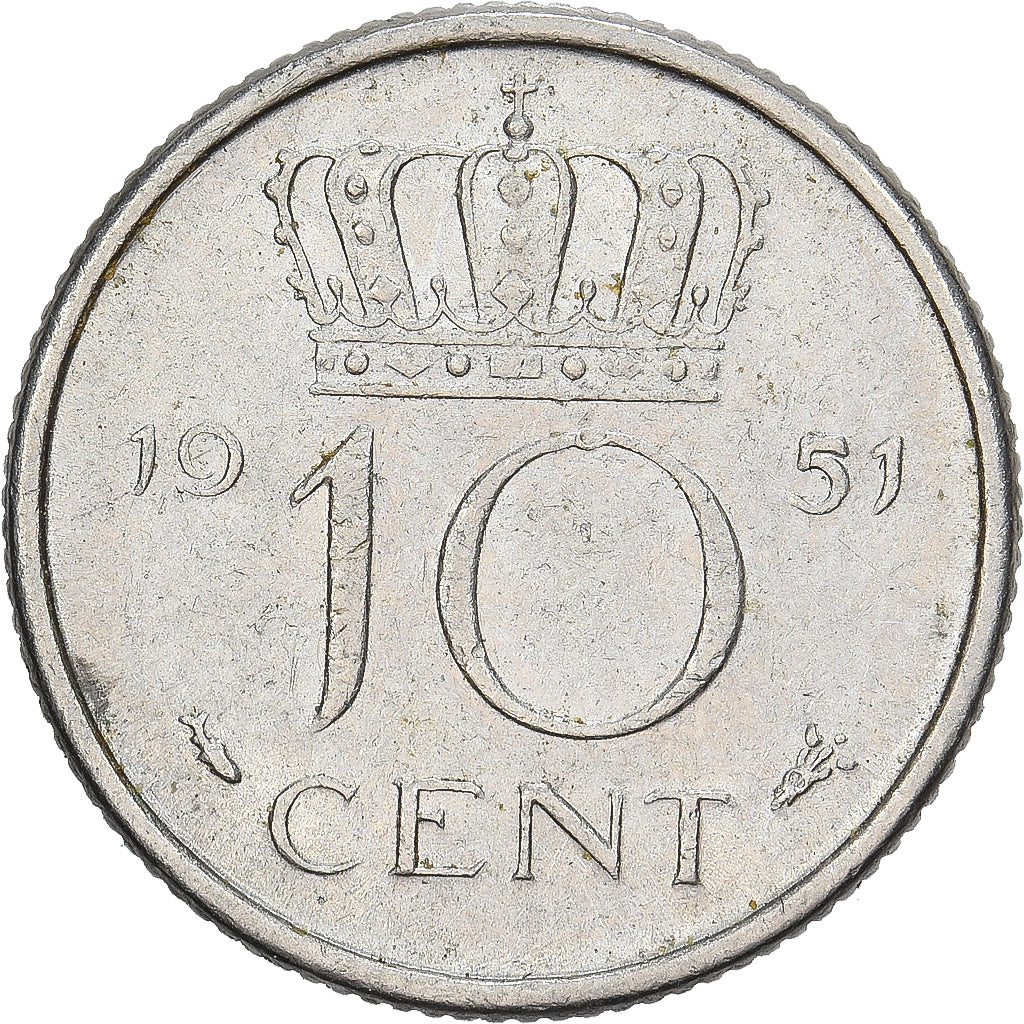 Netherlands, Juliana, 10 Cents, 1951, Nickel, EF(40-45), KM:182