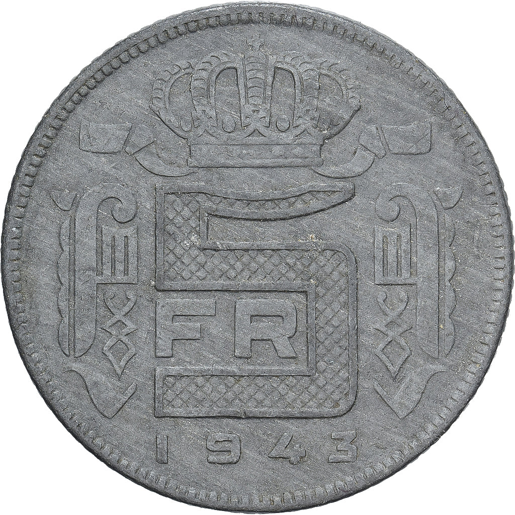 Bélgica, 5 Francs, 5 Frank, 1943, Cinc, BC+, KM:129.1
