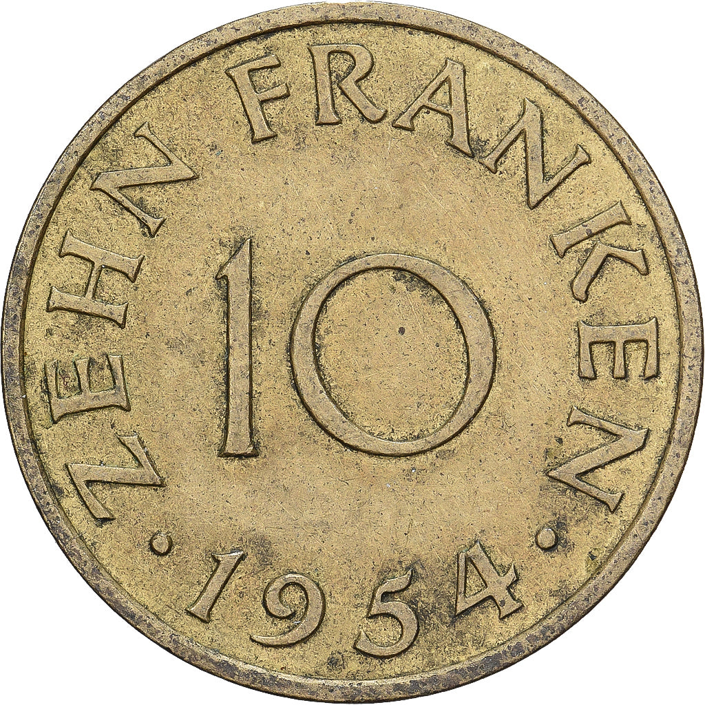 SARRE, 10 Franken, 1954, Paris, Aluminio - bronce, MBC, KM:1