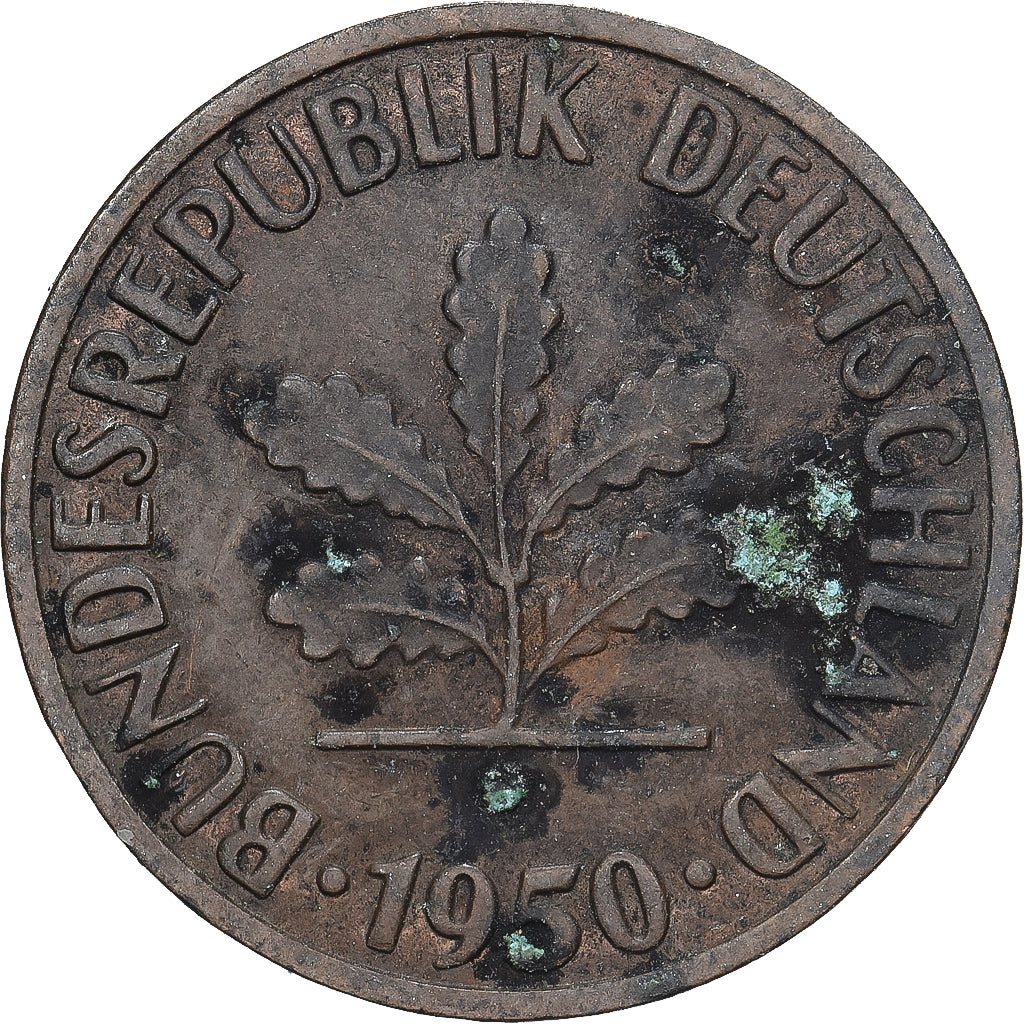 Niemcy - RFN, 2 Pfennig, 1950, Stuttgart, Brązowy, VF(30-35), KM:106