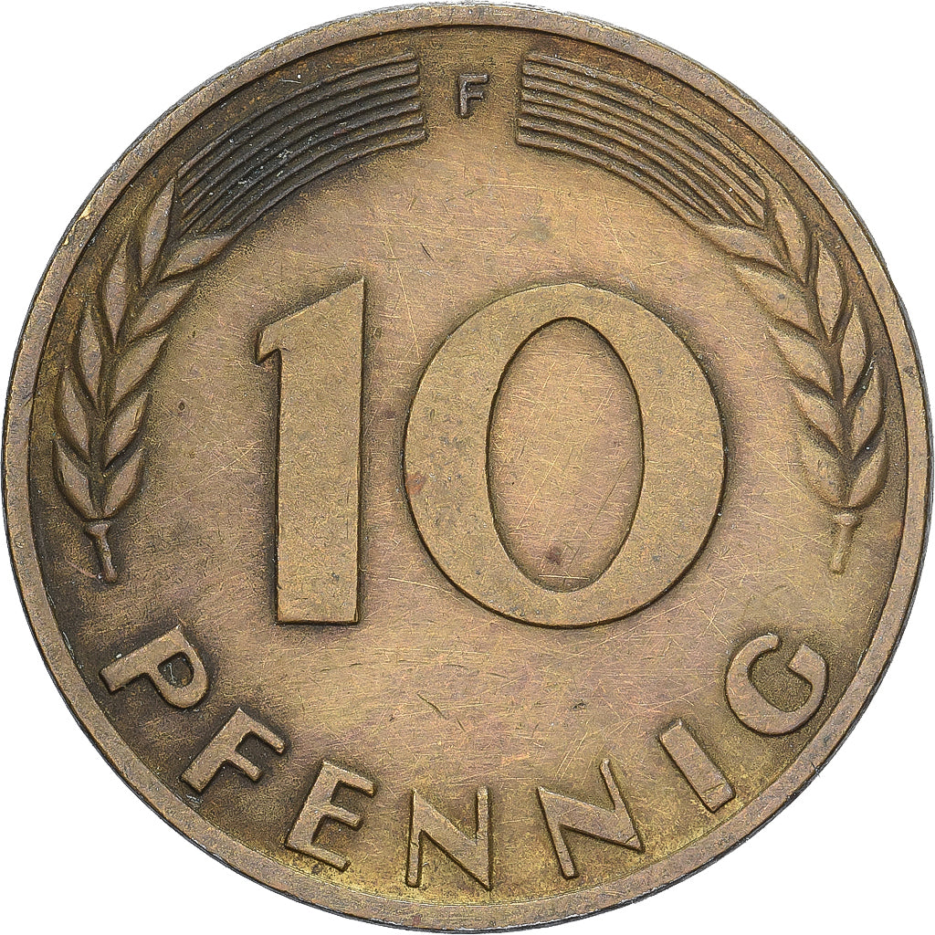 République fédérale d'Allemagne, 10 Pfennig, 1970, Stuttgart, Brass Clad