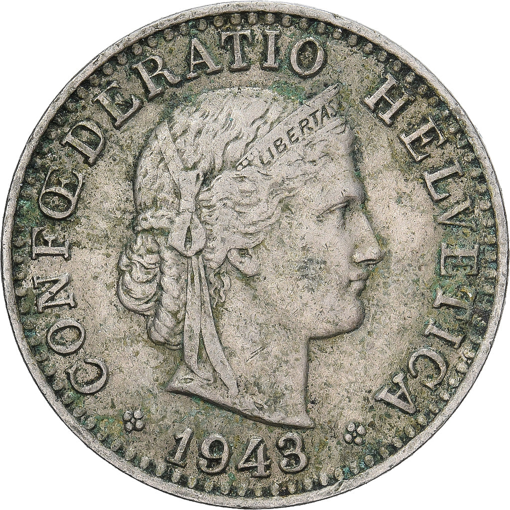 Suiza, 20 Rappen, 1943, Bern, Cobre - níquel, BC+, KM:29a