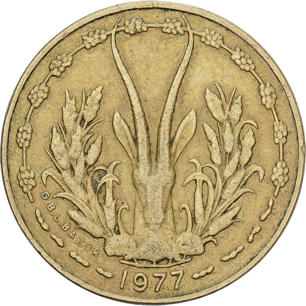 West African States, 5 Francs, 1977, Aluminum-Nickel-Bronze, VF(30-35), KM:2a