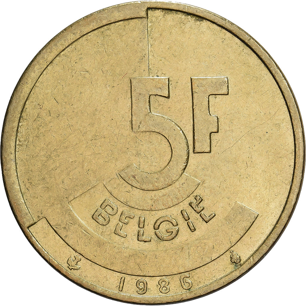 Belgia, 5 Francs, 5 Frank, 1986, Mosiądz lub aluminium-Brąz, AU(50-53), KM:164