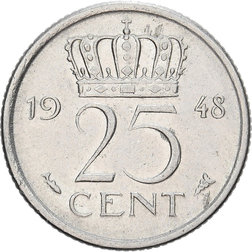Netherlands, Wilhelmina I, 25 Cents, 1948, Utrecht, Nickel, EF(40-45), KM:178