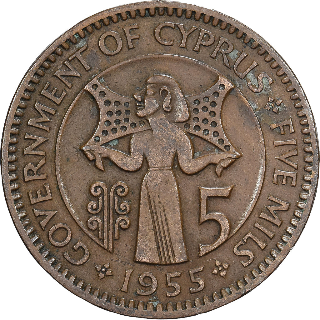 Chipre, Elizabeth II, 5 Mils, 1955, London, Bronce, BC+, KM:34