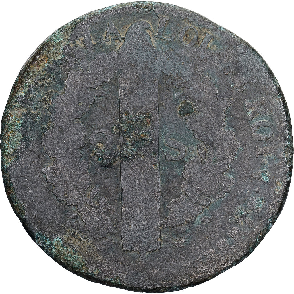 France, 2 Sols, 2 sols françois, 1792, Lille, Bronze, F(12-15), Gadoury:25
