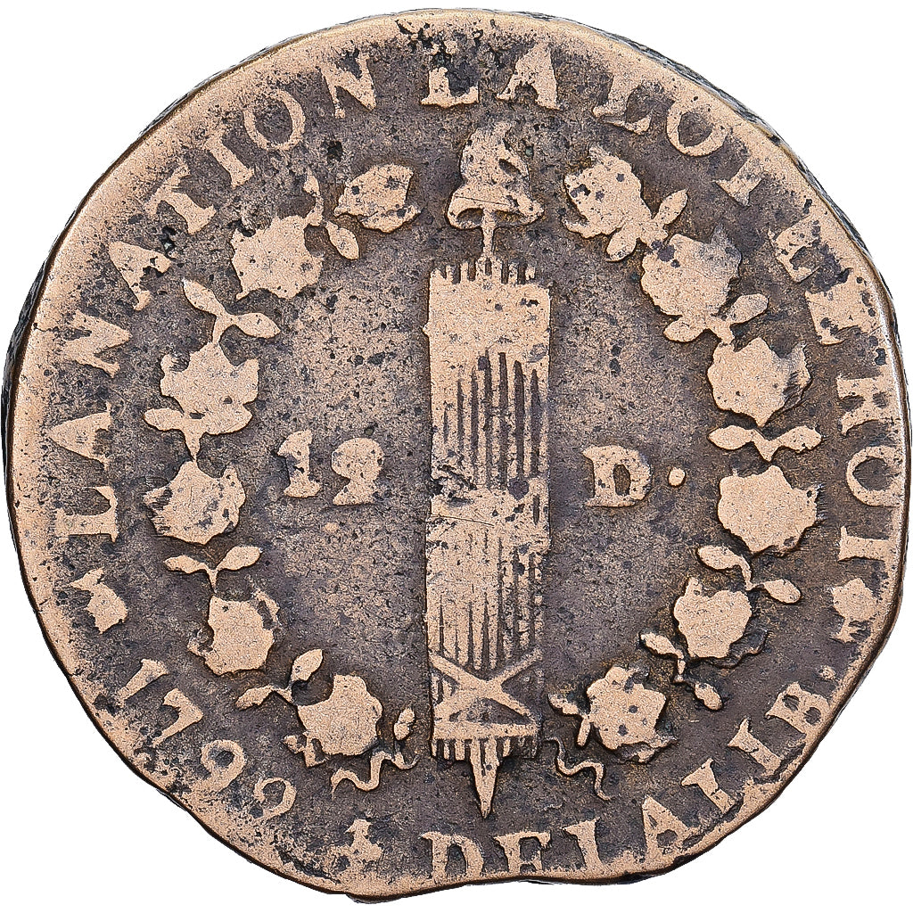 France, Louis XVI, 12 Deniers, 1792, Nantes, Bronze, VF(20-25), Gadoury:15