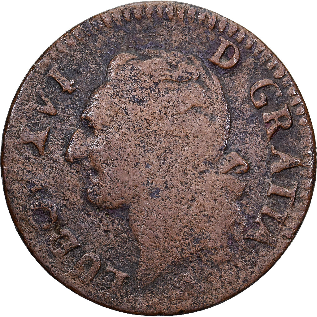 Francia, Louis XVI, 1/2 Sol, 1777, Lille, Cobre, BC+, Gadoury:350, KM:578.16