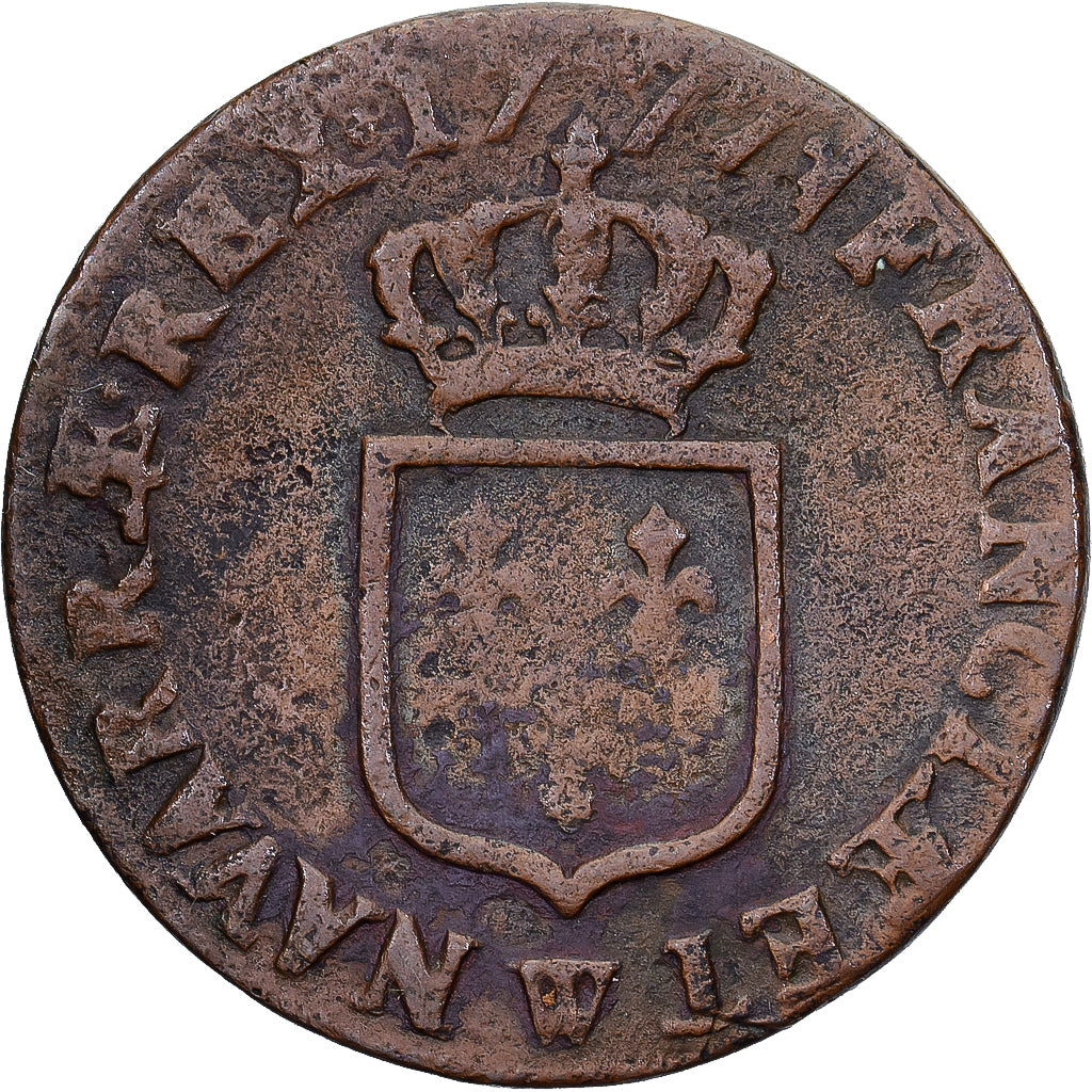 Francia, Louis XVI, 1/2 Sol, 1777, Lille, Cobre, BC+, Gadoury:350, KM:578.16