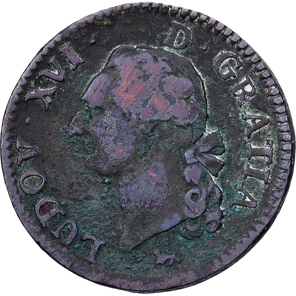 France, Louis XVI, Sol, Sol ou sou, 1791, Paris, Copper, VF(20-25), Gadoury:350