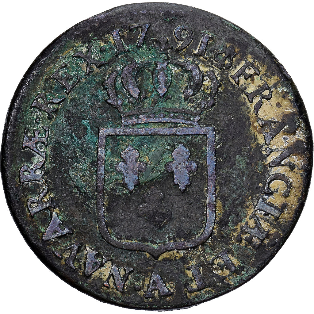 France, Louis XVI, Sol, Sol ou sou, 1791, Paris, Copper, VF(20-25), Gadoury:350