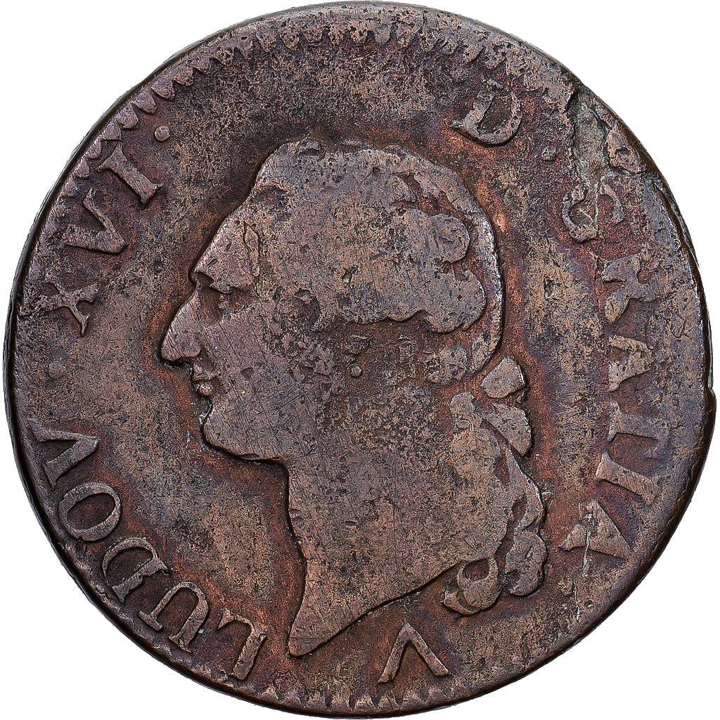 Francia, Louis XVI, Sol, Sol ou sou, 1782, Lille, Cobre, BC+, Gadoury:350