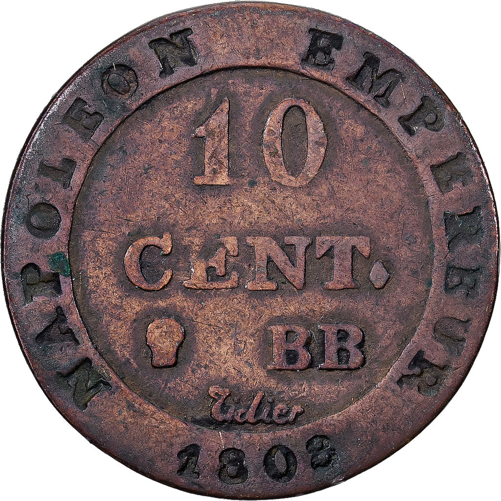 Francia, 10 Centimes, 1808, Strasbourg, Vellón, BC+