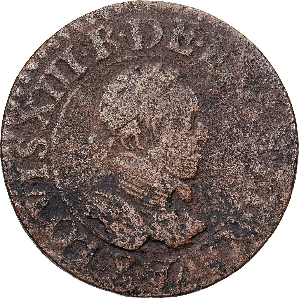 França, Louis XIII, Double Tournois, 1615, Amiens, Cobre, VF(20-25), Gadoury:7