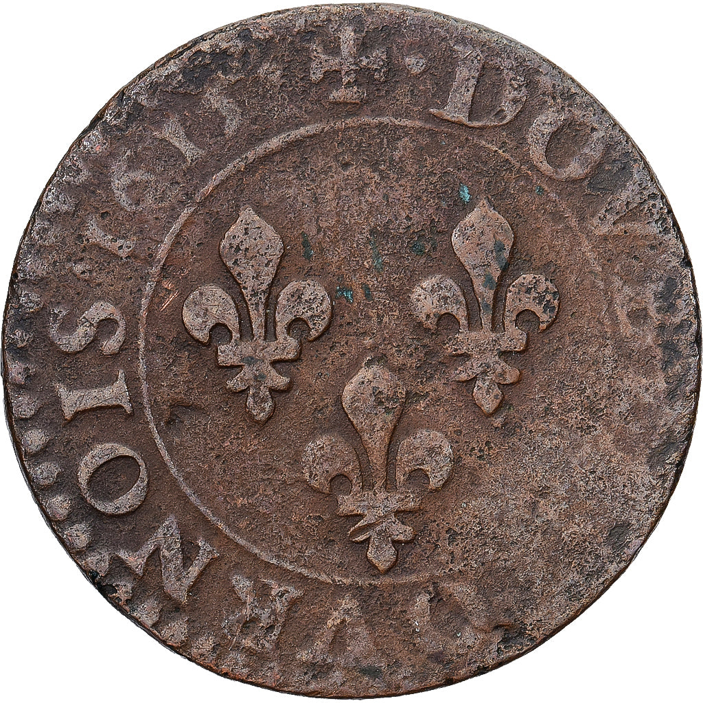 França, Louis XIII, Double Tournois, 1615, Amiens, Cobre, VF(20-25), Gadoury:7