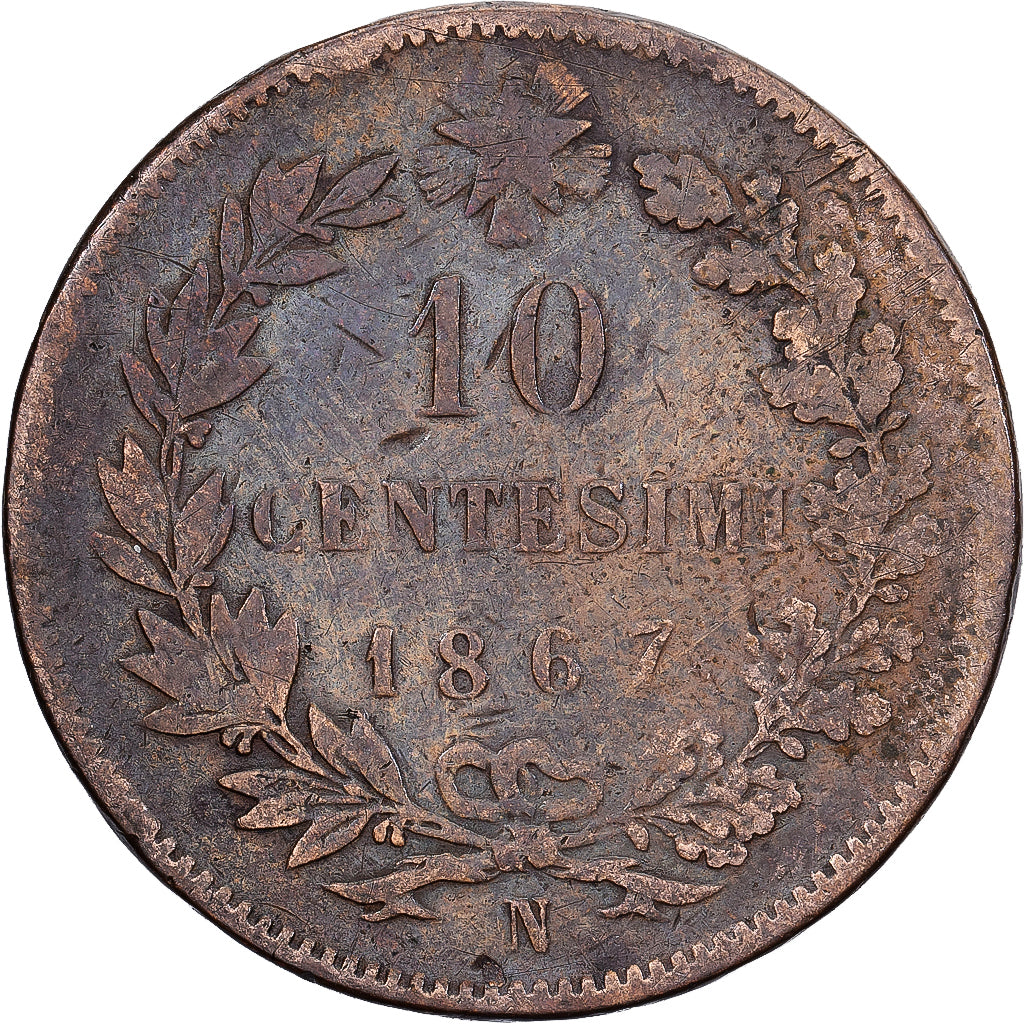 Italien, Vittorio Emanuele II, 10 Centesimi, 1867, Naples, Kupfer, S, KM:11.4