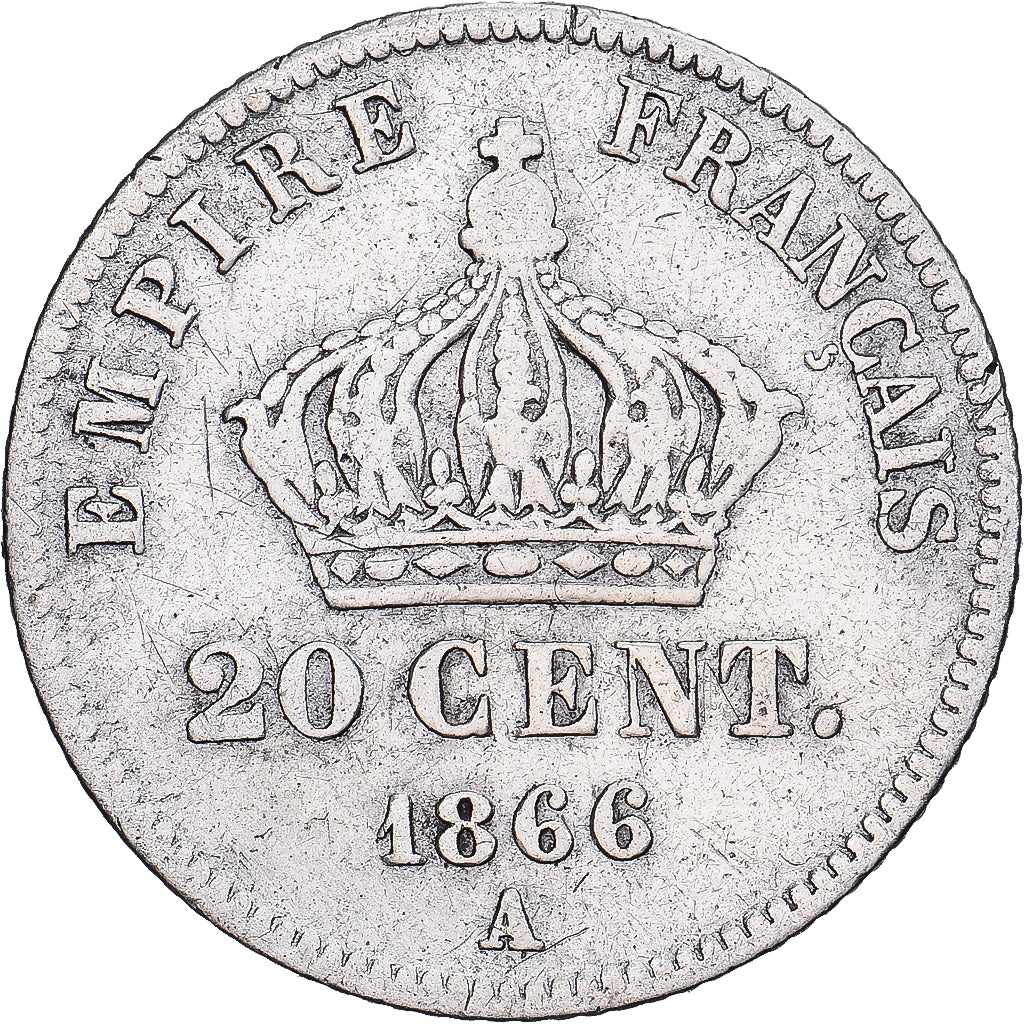 Frankrijk, Napoleon III, 20 Centimes, 1866, Paris, Zilver, FR, Gadoury:308