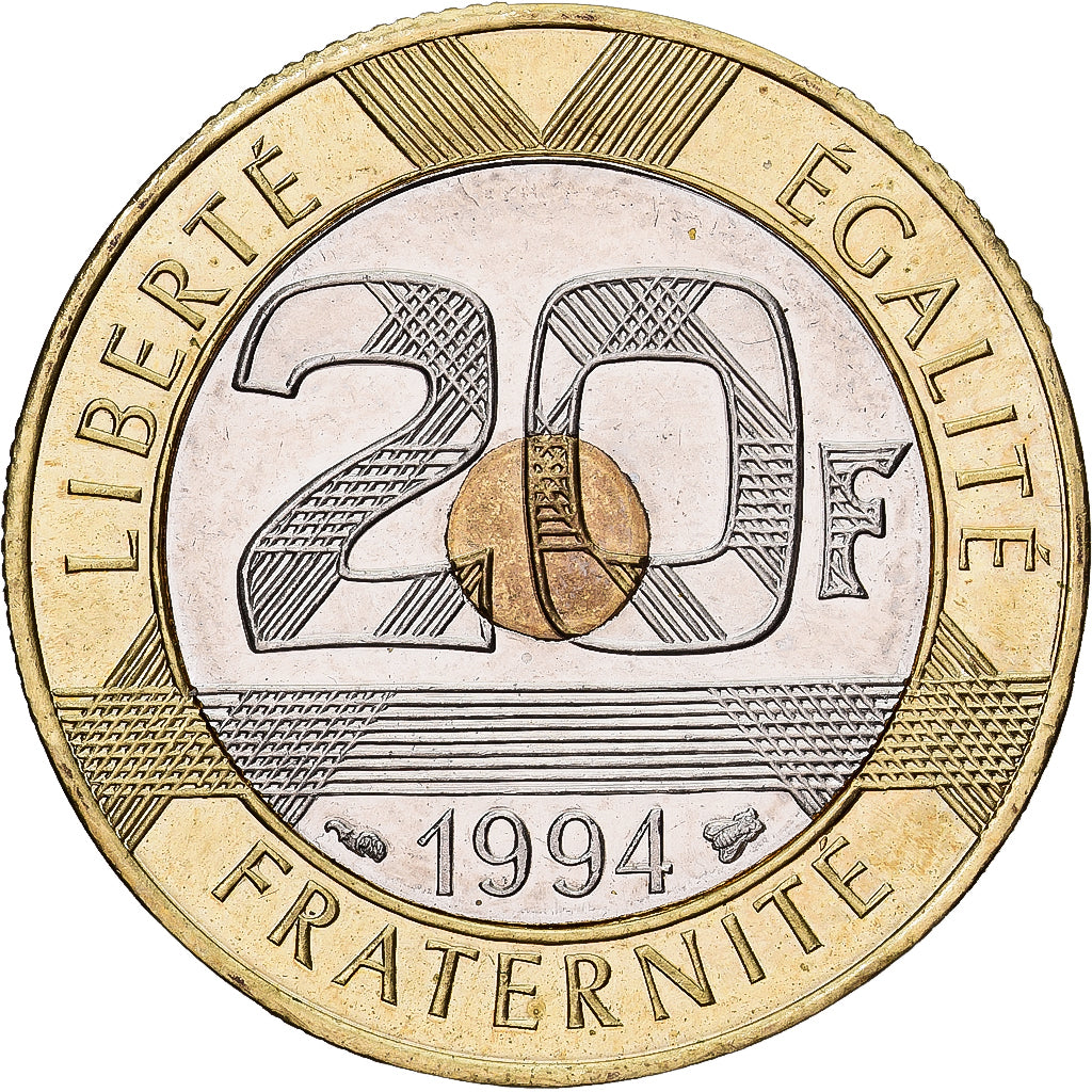 France, 20 Francs, Mont Saint Michel, 1994, Tri-Metallic, MS(63), KM:1008.2