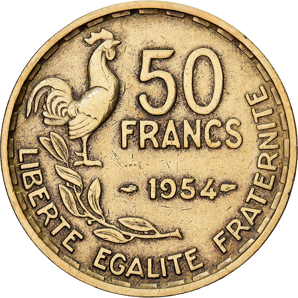 França, 50 Francs, Guiraud, 1954, Paris, Cleaned, Alumínio-Bronze, EF(40-45)