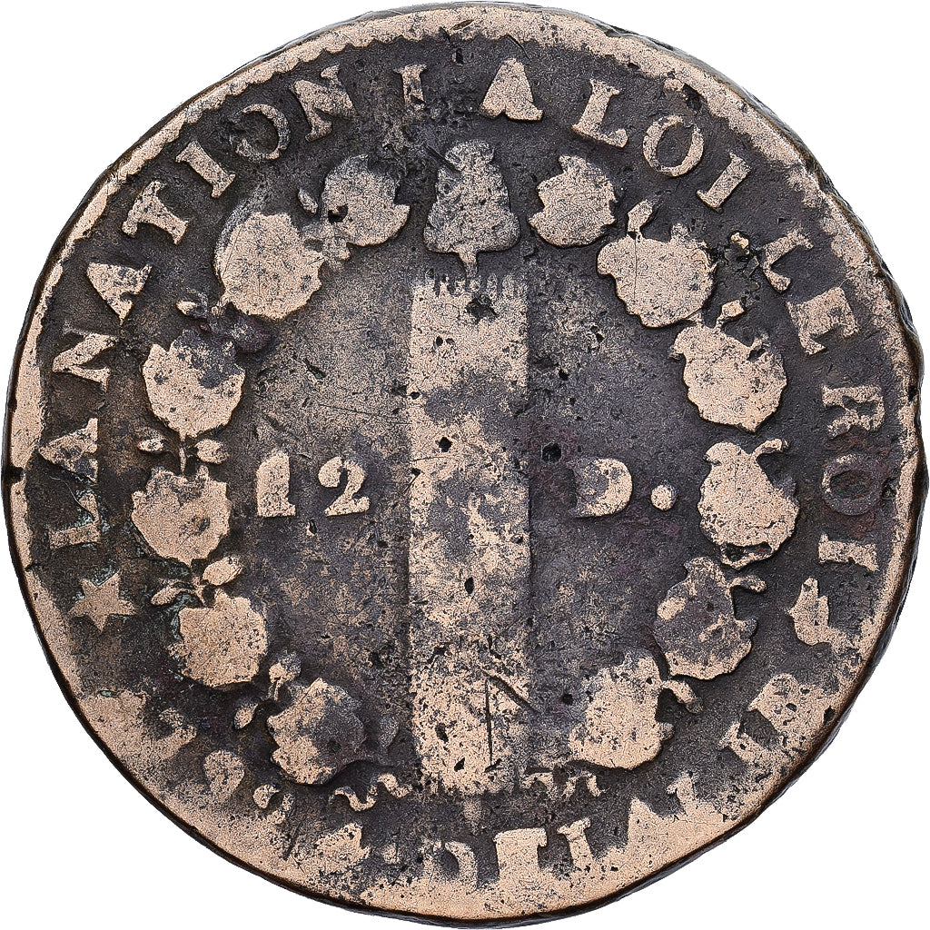 Francia, Louis XVI, 12 Deniers, 1792, Marseilles, Cobre, BC+, Gadoury:15