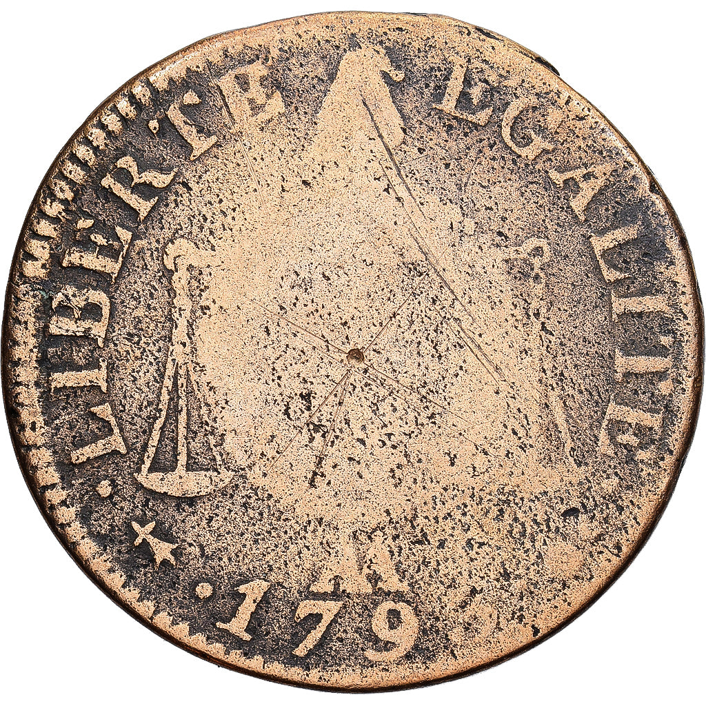 Francia, Sol, 1793 - AN II, Metz, Sol à la balance, Rame, B+, Gadoury:19