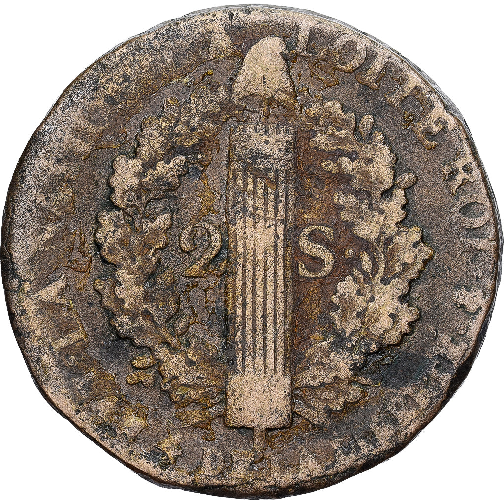 France, Constitution, 2 Sols, 2 sols françois, 1792 / AN 4, Paris, Bronze