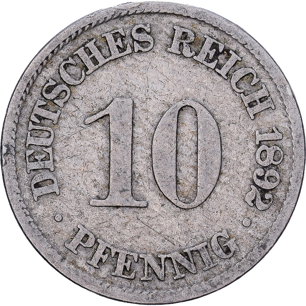 German Empire, Wilhelm II, 10 Pfennig, 1892, Berlin, Copper-nickel, VF(20-25)