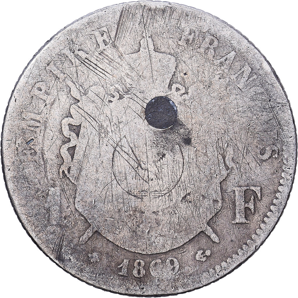 França, Napoleon III, 1 Franc, 1869, Paris, Prata, VG(8-10), Gadoury:463