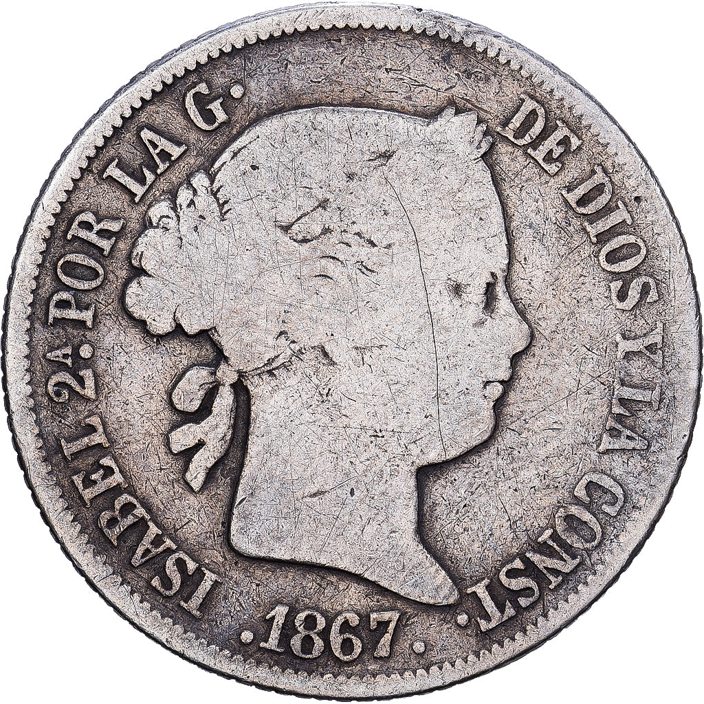 Spagna, Isabel II, 40 Centimos De Escudo, 1867, Madrid, Argento, B+