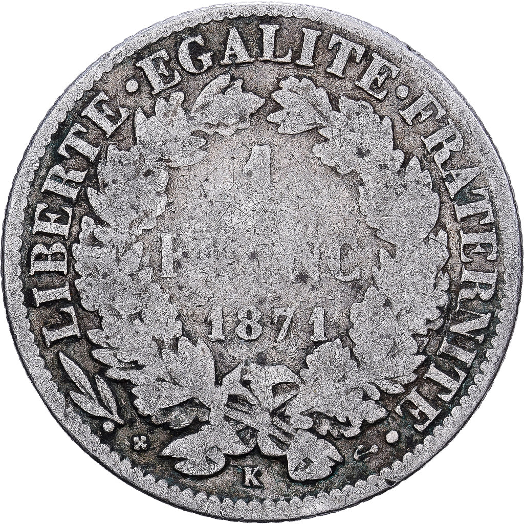 France, Franc, Cérès, 1871, Bordeaux, Silver, F(12-15), KM:822.2