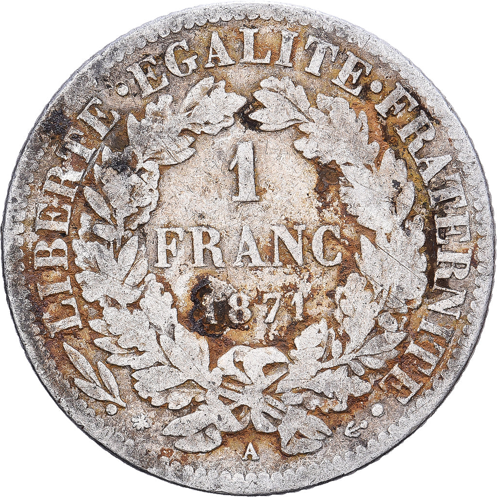 França, Franc, Cérès, 1871, Paris, Prata, F(12-15), Gadoury:465a, KM:822.1