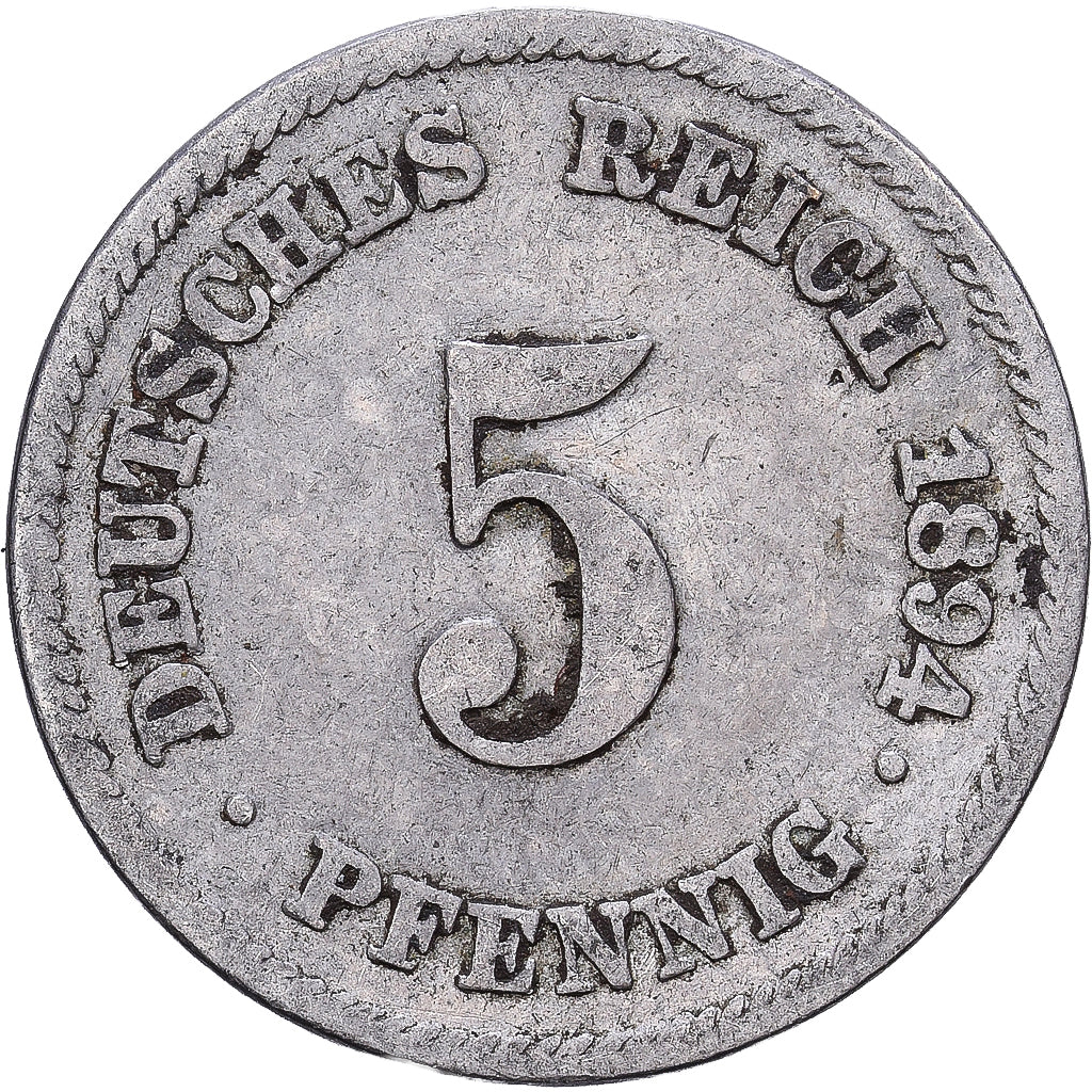 German Empire, Wilhelm II, 5 Pfennig, 1894, Muldenhütten, Kupfer-Nickel, S+