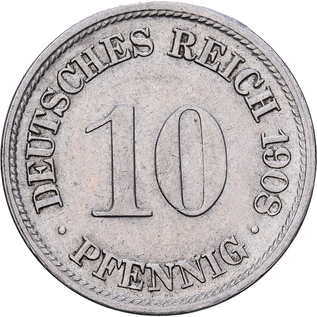German Empire, Wilhelm II, 10 Pfennig, 1908, Stuttgart, Copper-nickel