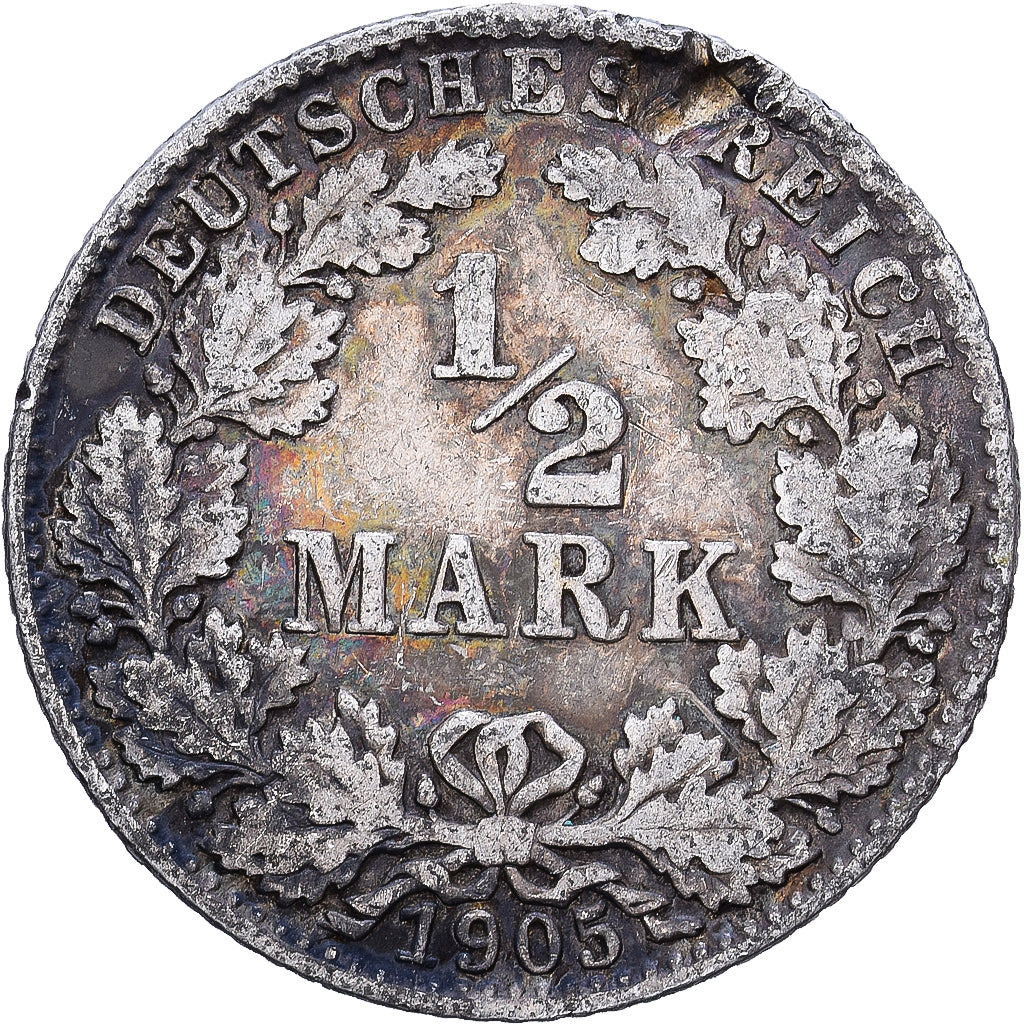 German Empire, 1/2 Mark, 1905, Munich, Silver, VF(20-25), KM:17