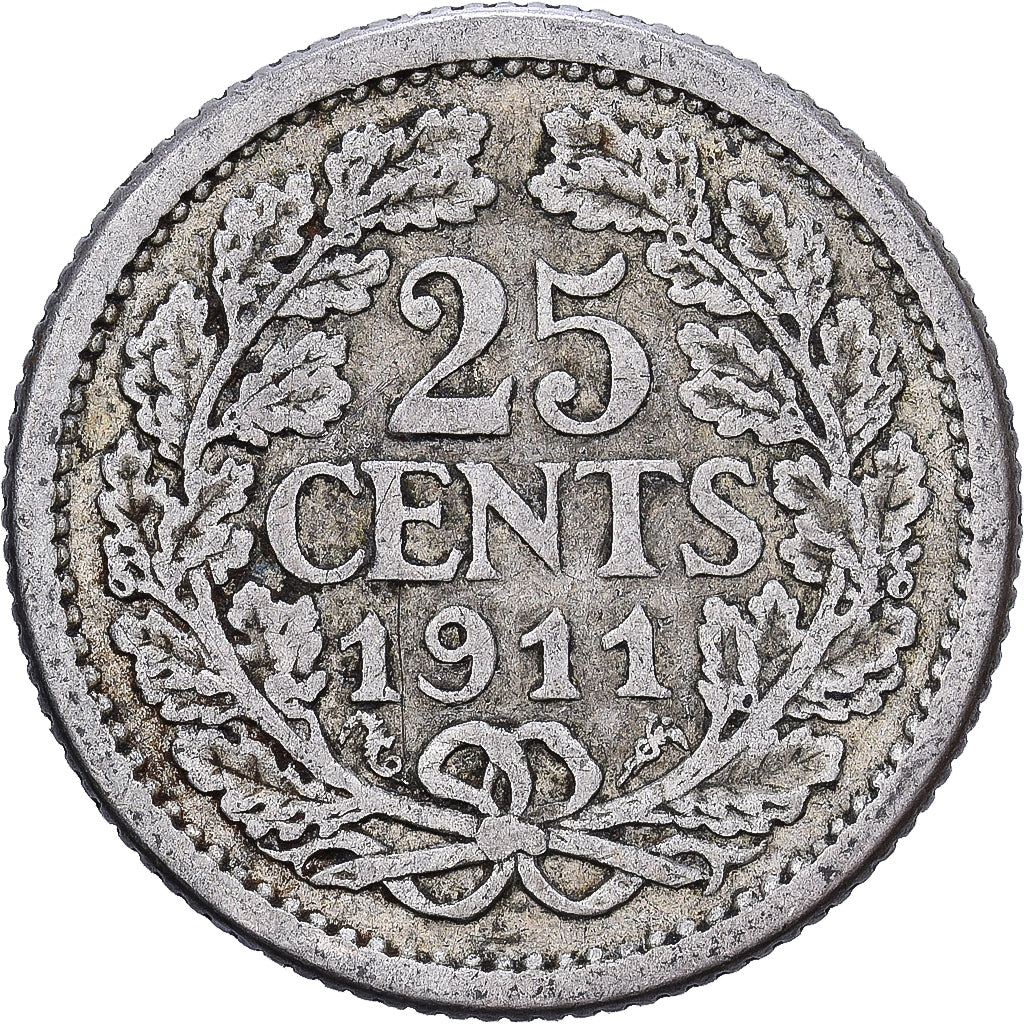 Paesi Bassi, Wilhelmina I, 25 Cents, 1911, Argento, MB, KM:146